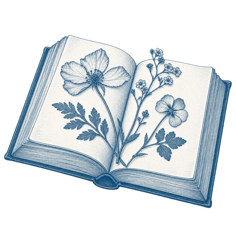 An engraved blue open book holding pressed wildflowers